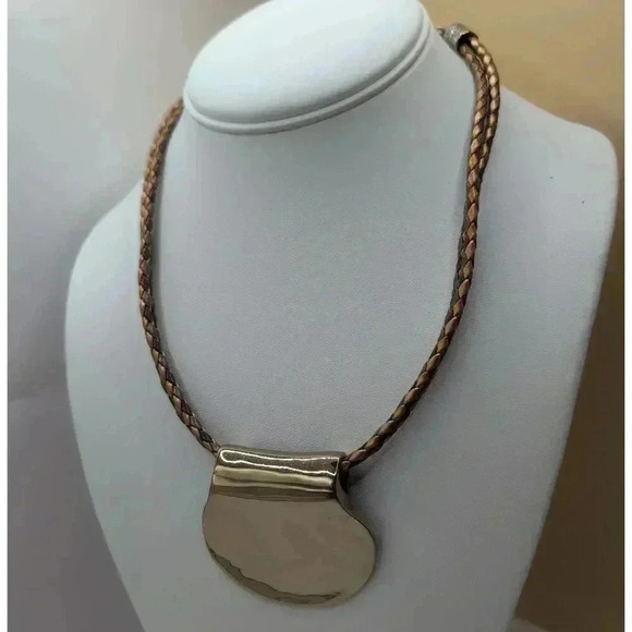Chicos Goldtone Metal Hammered Disc Bronze Braided Rope Necklace - Picture 3 of 6